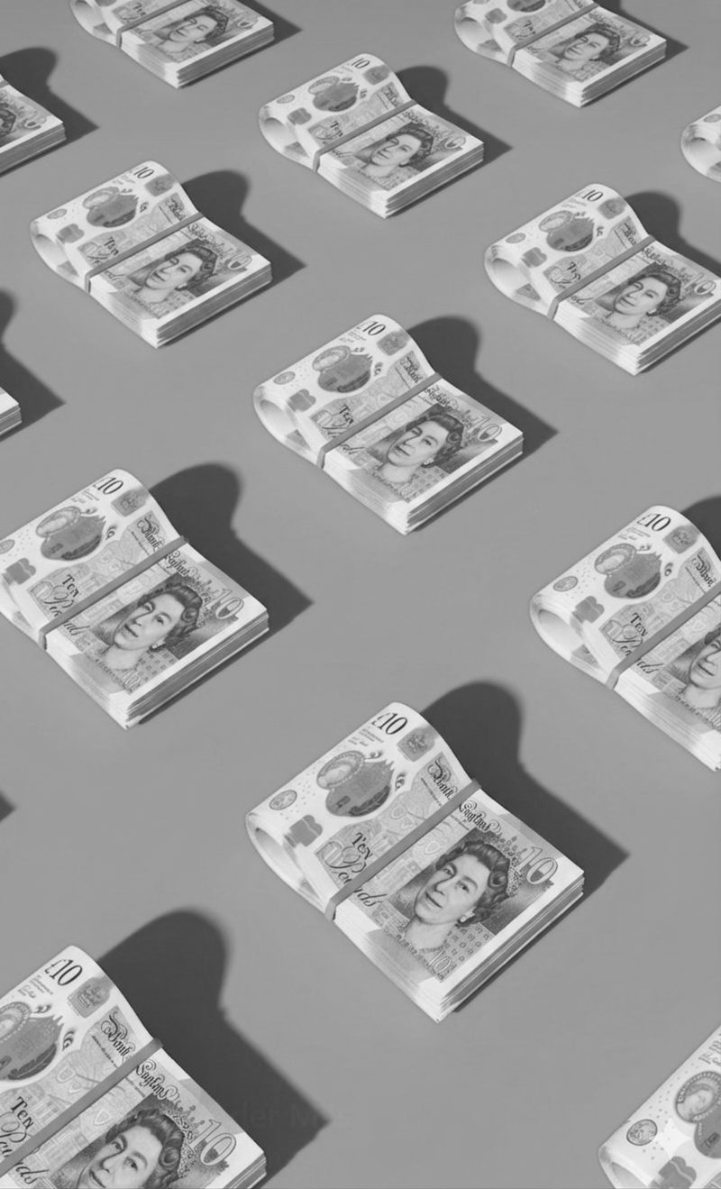 Rows of bundled UK twenty-pound notes